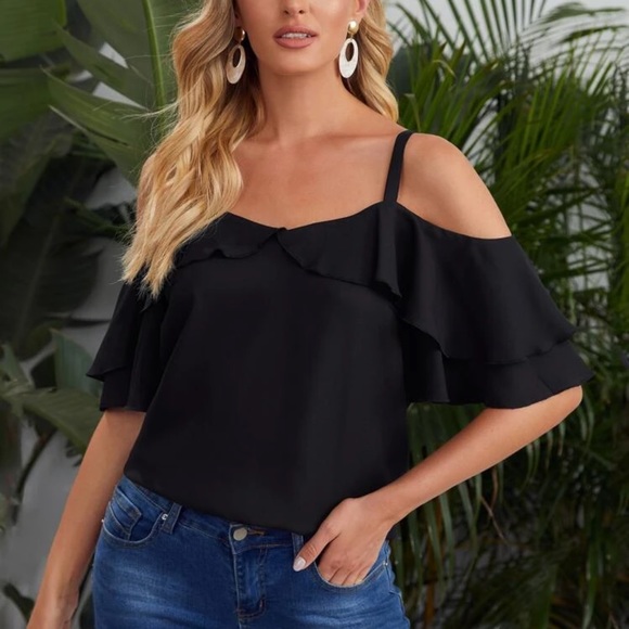 Tops - Black boho ruffle cold shoulder top tank shirt